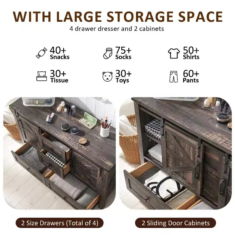 Commode de style maison de campagne 48 avec 4 tiroirs et 2 portes de grange, meuble à tiroirs et meuble TV rustique avec étagère réglable pour le salon