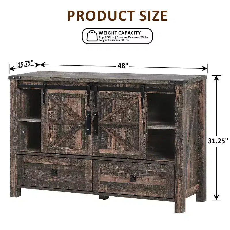 Commode de style maison de campagne 48 avec 4 tiroirs et 2 portes de grange, meuble à tiroirs et meuble TV rustique avec étagère réglable pour le salon