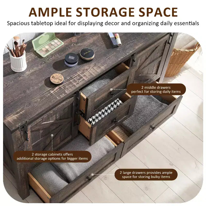 Commode de style maison de campagne 48 avec 4 tiroirs et 2 portes de grange, meuble à tiroirs et meuble TV rustique avec étagère réglable pour le salon
