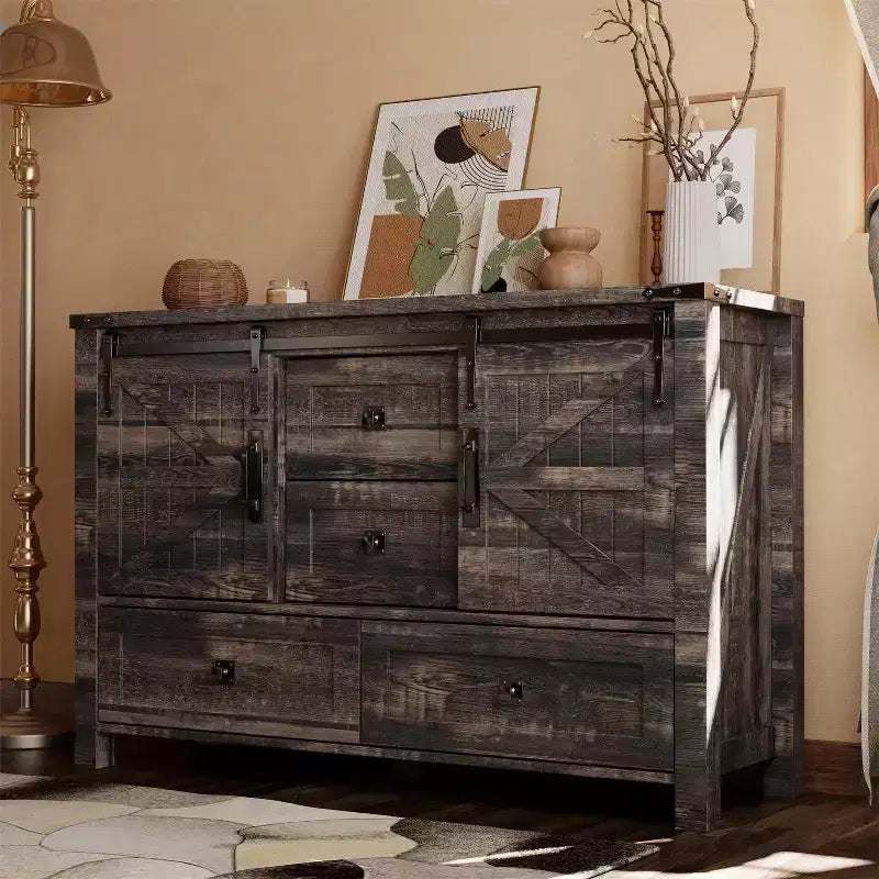 Commode de style maison de campagne 48 avec 4 tiroirs et 2 portes de grange, meuble à tiroirs et meuble TV rustique avec étagère réglable pour le salon