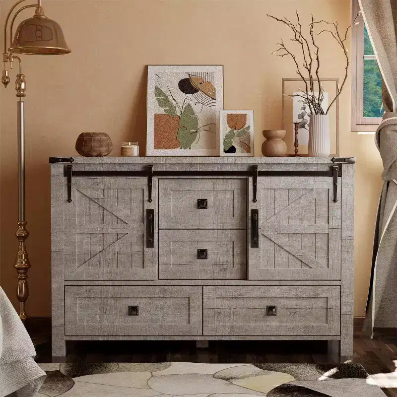 Commode de style maison de campagne 48 avec 4 tiroirs et 2 portes de grange, meuble à tiroirs et meuble TV rustique avec étagère réglable pour le salon