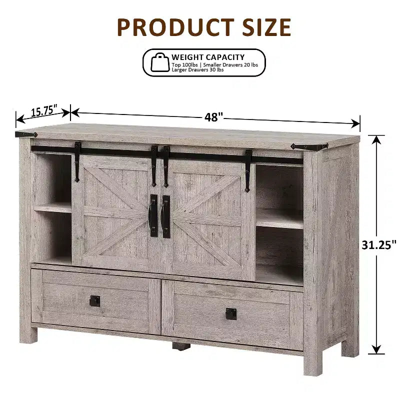 Commode de style maison de campagne 48 avec 4 tiroirs et 2 portes de grange, meuble à tiroirs et meuble TV rustique avec étagère réglable pour le salon