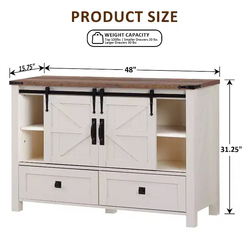 Commode de style maison de campagne 48 avec 4 tiroirs et 2 portes de grange, meuble à tiroirs et meuble TV rustique avec étagère réglable pour le salon