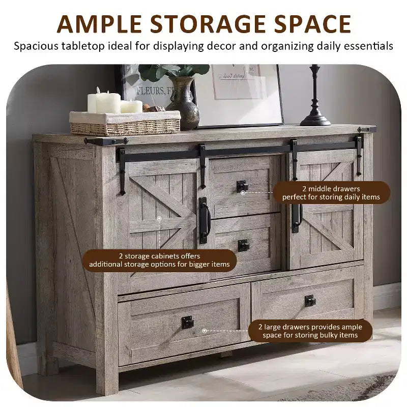 Commode de style maison de campagne 48 avec 4 tiroirs et 2 portes de grange, meuble à tiroirs et meuble TV rustique avec étagère réglable pour le salon