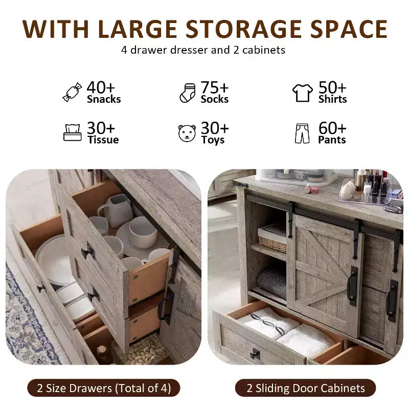 Commode de style maison de campagne 48 avec 4 tiroirs et 2 portes de grange, meuble à tiroirs et meuble TV rustique avec étagère réglable pour le salon