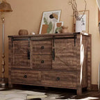Commode de style maison de campagne 48 avec 4 tiroirs et 2 portes de grange, meuble à tiroirs et meuble TV rustique avec étagère réglable pour le salon