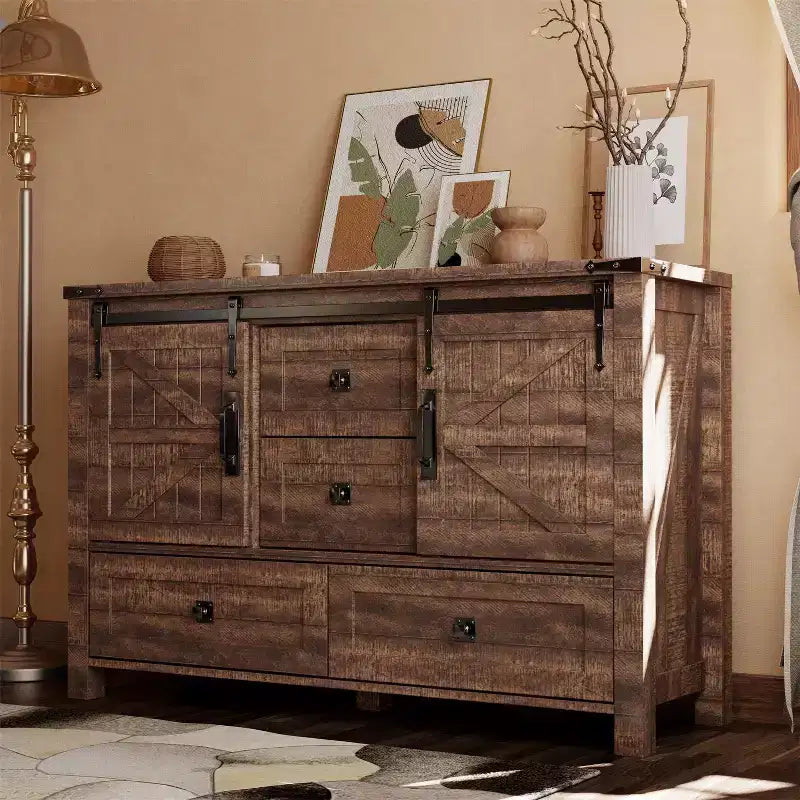 Commode de style maison de campagne 48 avec 4 tiroirs et 2 portes de grange, meuble à tiroirs et meuble TV rustique avec étagère réglable pour le salon