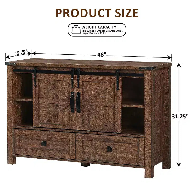 Commode de style maison de campagne 48 avec 4 tiroirs et 2 portes de grange, meuble à tiroirs et meuble TV rustique avec étagère réglable pour le salon