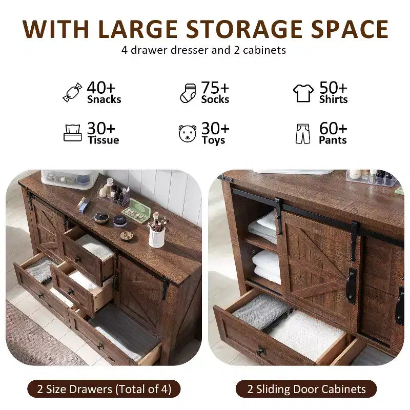 Commode de style maison de campagne 48 avec 4 tiroirs et 2 portes de grange, meuble à tiroirs et meuble TV rustique avec étagère réglable pour le salon
