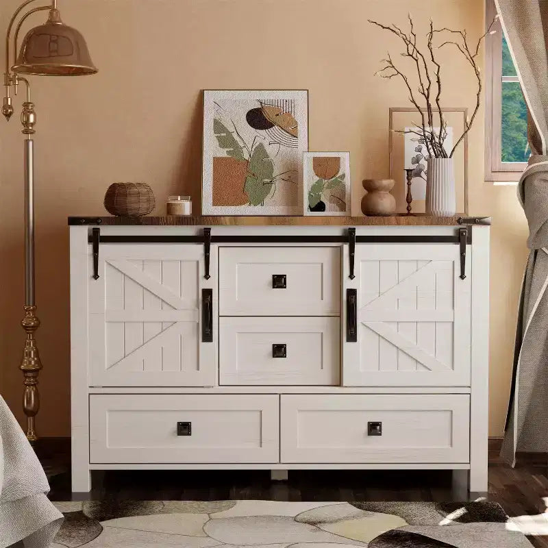 Commode de style maison de campagne 48 avec 4 tiroirs et 2 portes de grange, meuble à tiroirs et meuble TV rustique avec étagère réglable pour le salon