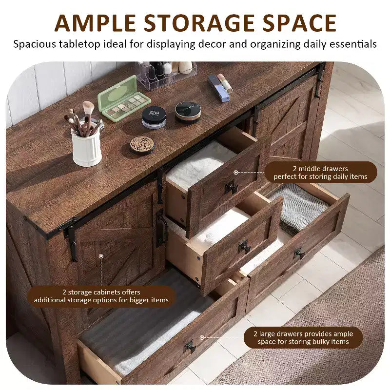 Commode de style maison de campagne 48 avec 4 tiroirs et 2 portes de grange, meuble à tiroirs et meuble TV rustique avec étagère réglable pour le salon