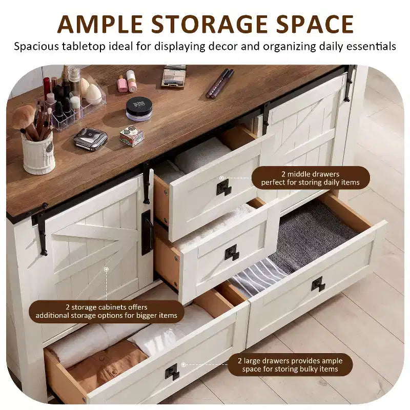 Commode de style maison de campagne 48 avec 4 tiroirs et 2 portes de grange, meuble à tiroirs et meuble TV rustique avec étagère réglable pour le salon