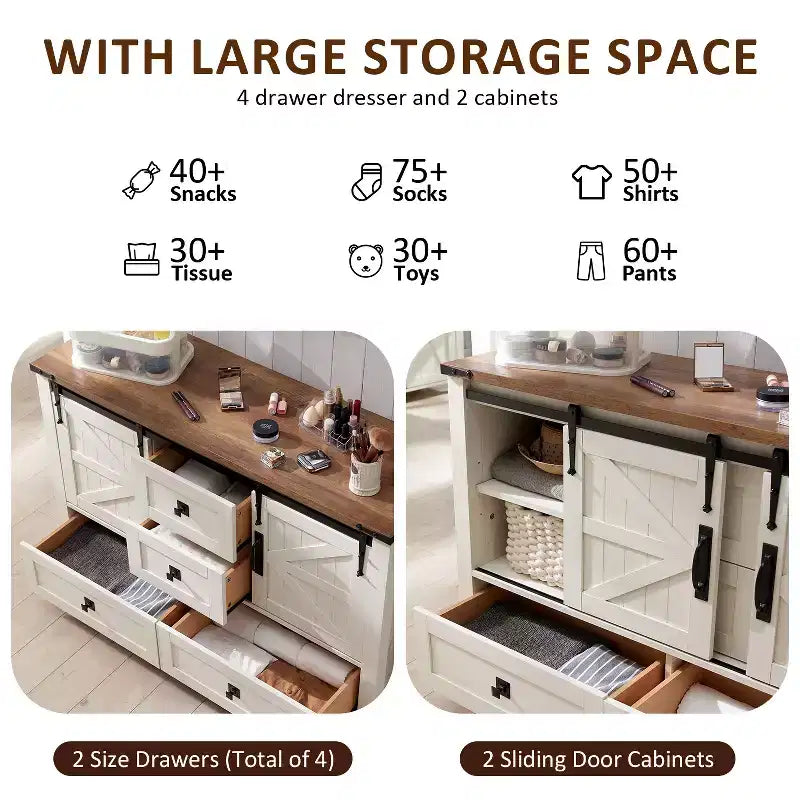 Commode de style maison de campagne 48 avec 4 tiroirs et 2 portes de grange, meuble à tiroirs et meuble TV rustique avec étagère réglable pour le salon