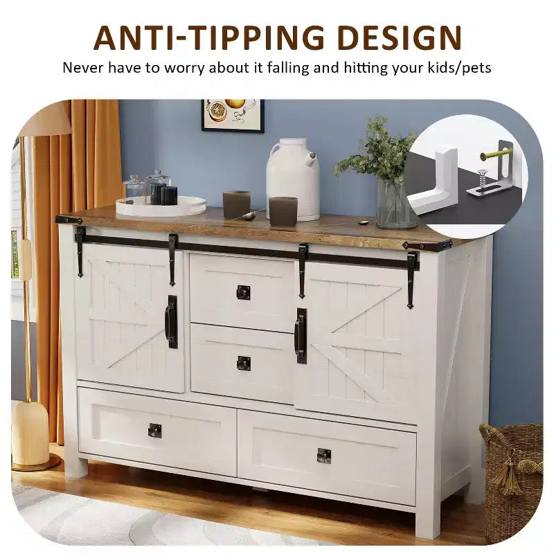 Commode de style maison de campagne 48 avec 4 tiroirs et 2 portes de grange, meuble à tiroirs et meuble TV rustique avec étagère réglable pour le salon