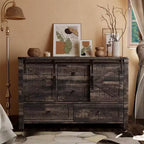 Commode de style maison de campagne 48 avec 4 tiroirs et 2 portes de grange, meuble à tiroirs et meuble TV rustique avec étagère réglable pour le salon