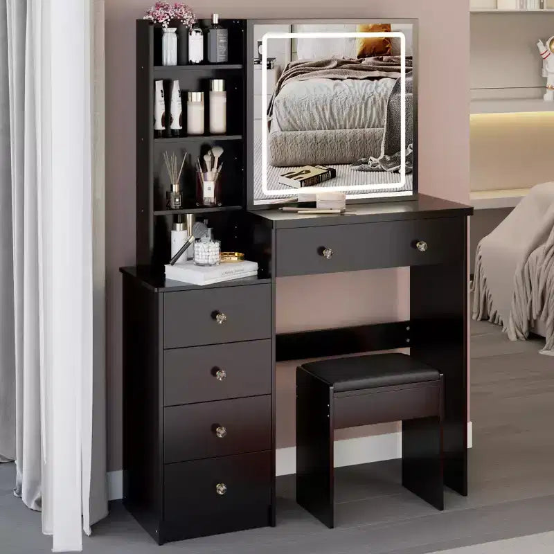 Toeletta con specchio illuminato e set da tavolo, 37 mobiletto grande sinistro da comodino con toeletta e sgabello imbottito, Nero