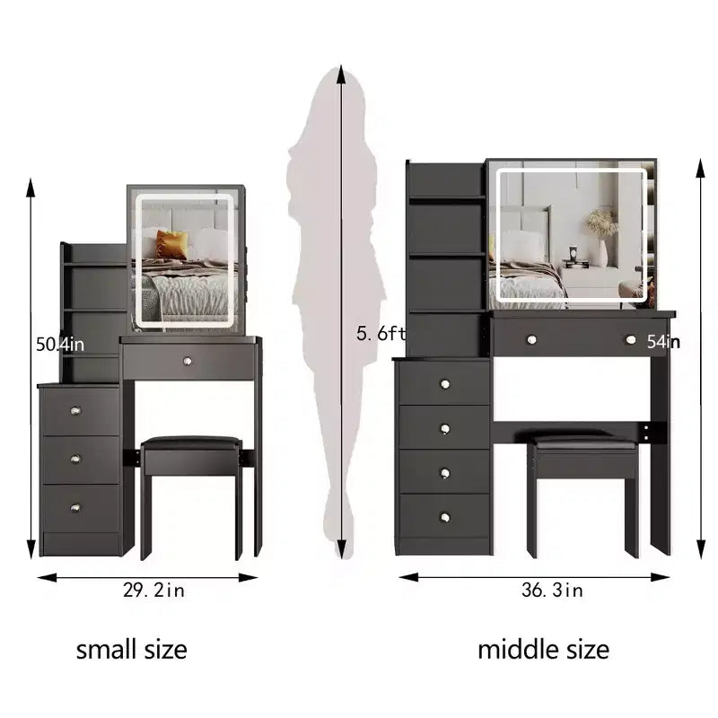 Toeletta con specchio illuminato e set da tavolo, 37 mobiletto grande sinistro da comodino con toeletta e sgabello imbottito, Nero