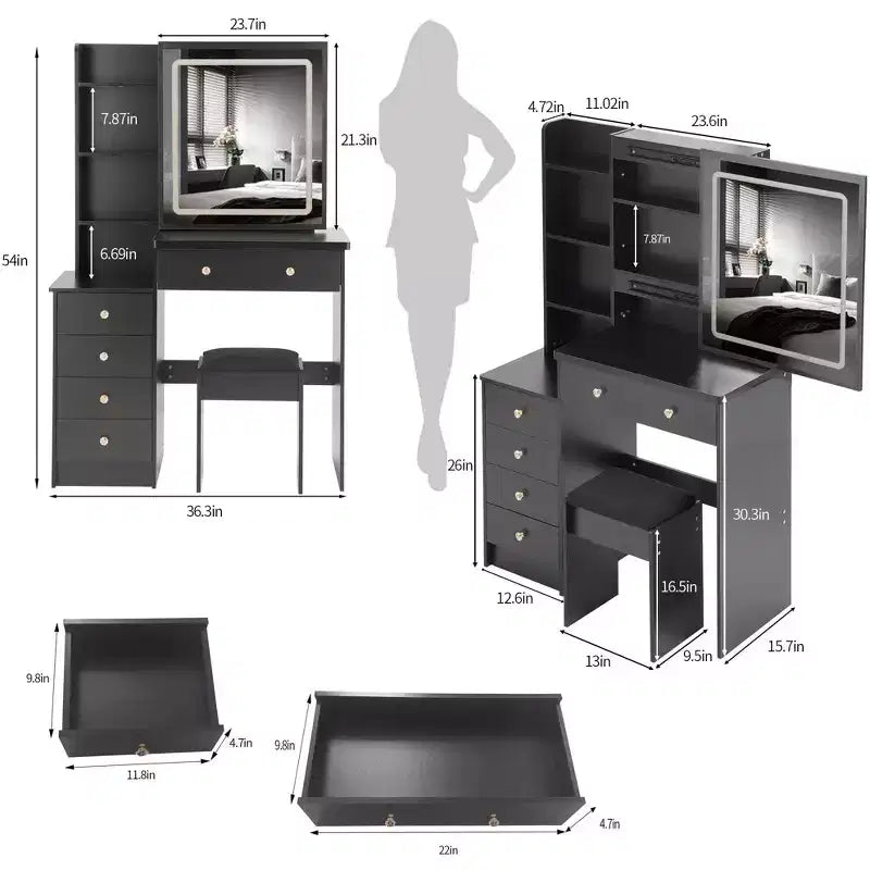 Toeletta con specchio illuminato e set da tavolo, 37 mobiletto grande sinistro da comodino con toeletta e sgabello imbottito, Nero