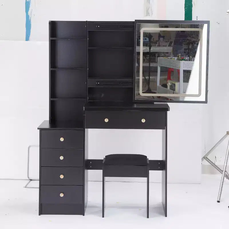 Toeletta con specchio illuminato e set da tavolo, 37 mobiletto grande sinistro da comodino con toeletta e sgabello imbottito, Nero