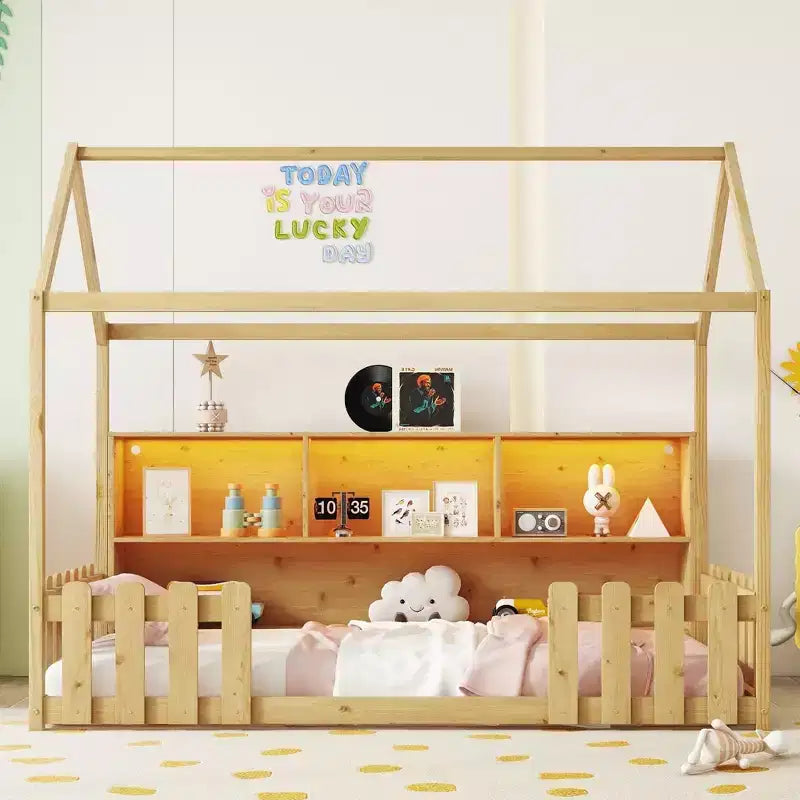 Letto a terra a forma di casetta, misura singola, con sponde di sicurezza, letto per bambini a forma di cottage con libreria contenitore, struttura letto in legno a forma di casetta