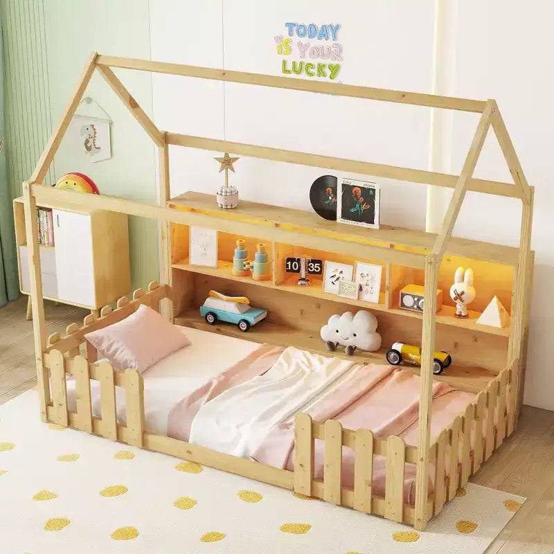 Letto a terra a forma di casetta, misura singola, con sponde di sicurezza, letto per bambini a forma di cottage con libreria contenitore, struttura letto in legno a forma di casetta
