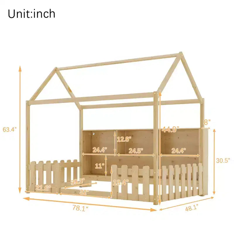 Letto a terra a forma di casetta, misura singola, con sponde di sicurezza, letto per bambini a forma di cottage con libreria contenitore, struttura letto in legno a forma di casetta