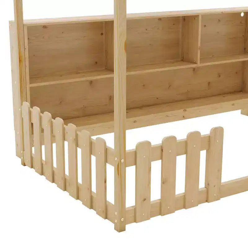 Letto a terra a forma di casetta, misura singola, con sponde di sicurezza, letto per bambini a forma di cottage con libreria contenitore, struttura letto in legno a forma di casetta
