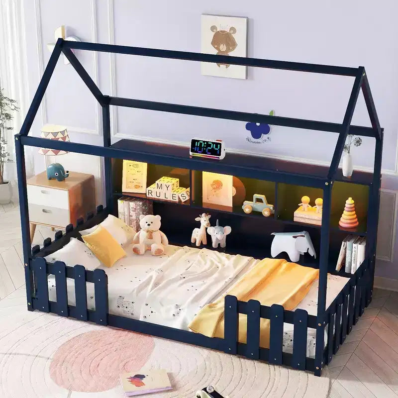 Letto a terra a forma di casetta, misura singola, con sponde di sicurezza, letto per bambini a forma di cottage con libreria contenitore, struttura letto in legno a forma di casetta