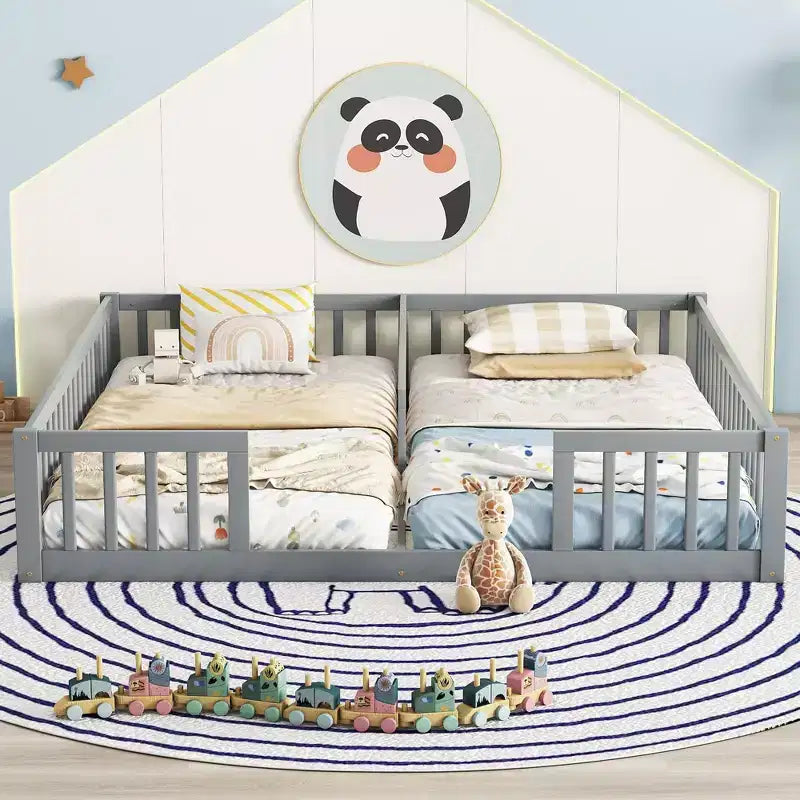 Struttura per letto doppio singolo con sponde di sicurezza a recinzione, senza porta, moderno letto a pavimento per camera da letto di bambini e ragazzi
