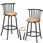 Set aus zwei braunen und schwarzen Barstühlen aus Kunstleder und Eisen mit niedriger Rückenlehne, verstellbarer Höhe und Drehfunktion