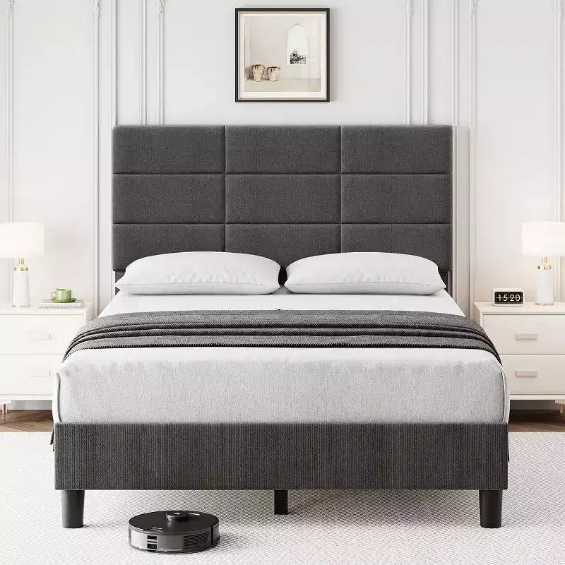 Bedframe met verstelbaar hoofdbord, met linnen bekleed platformbed met houten lattenbodem, matrasfundering, grijs