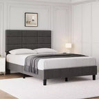 Bedframe met verstelbaar hoofdbord, met linnen bekleed platformbed met houten lattenbodem, matrasfundering, grijs