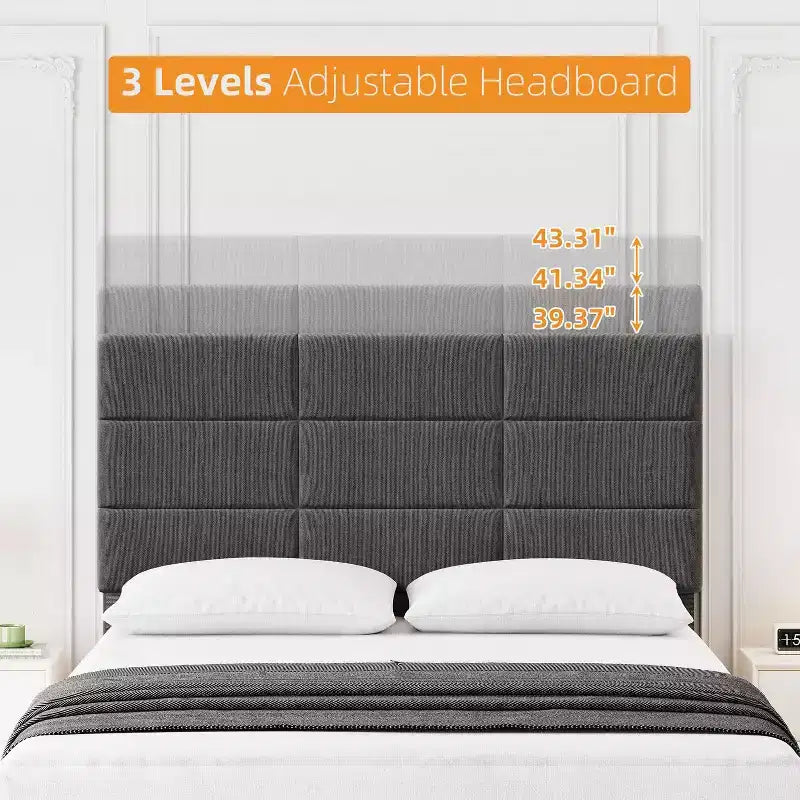 Bedframe met verstelbaar hoofdbord, met linnen bekleed platformbed met houten lattenbodem, matrasfundering, grijs