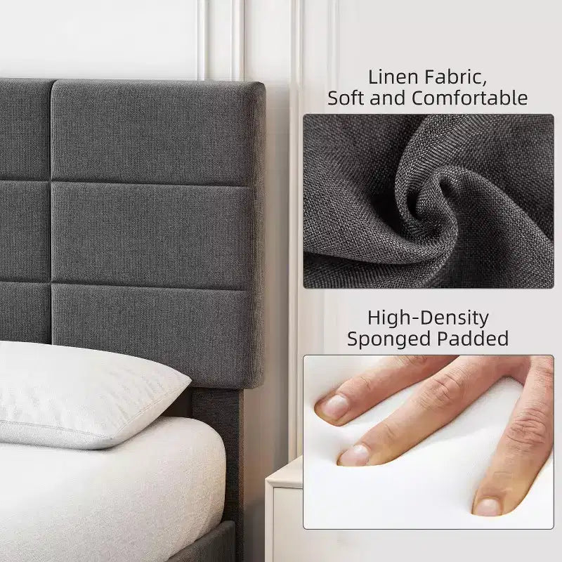 Bedframe met verstelbaar hoofdbord, met linnen bekleed platformbed met houten lattenbodem, matrasfundering, grijs