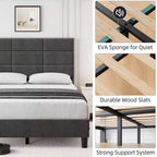 Bedframe met verstelbaar hoofdbord, met linnen bekleed platformbed met houten lattenbodem, matrasfundering, grijs