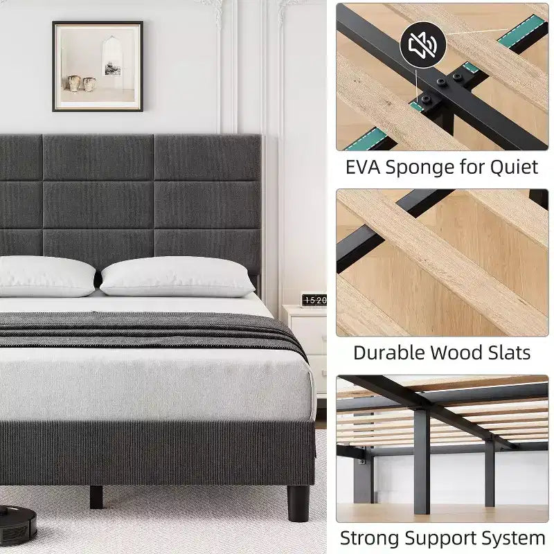 Bedframe met verstelbaar hoofdbord, met linnen bekleed platformbed met houten lattenbodem, matrasfundering, grijs