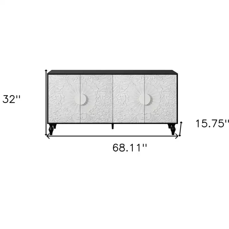 68-Zoll-Sideboard in Schwarz und Weiß mit Used-Look, geschnitztem Blumenmuster und vier Türen