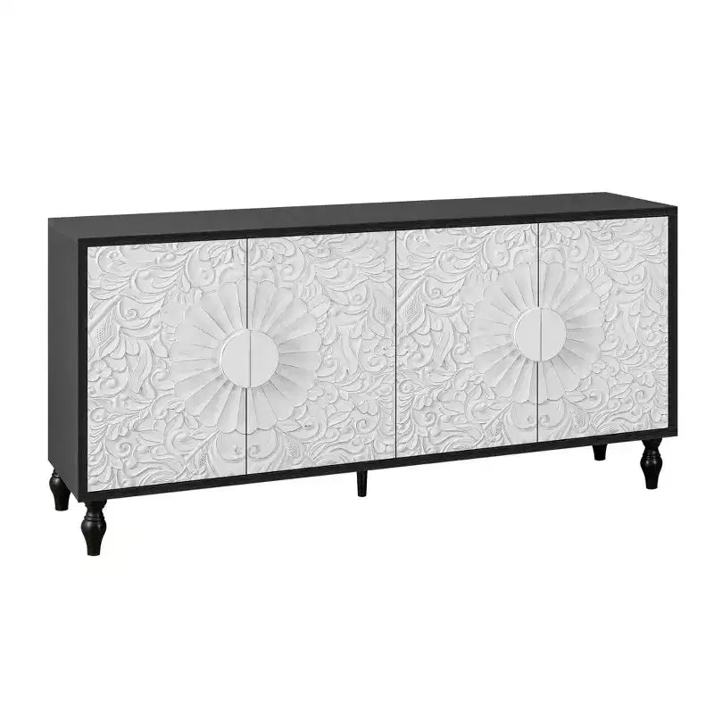 68-Zoll-Sideboard in Schwarz und Weiß mit Used-Look, geschnitztem Blumenmuster und vier Türen