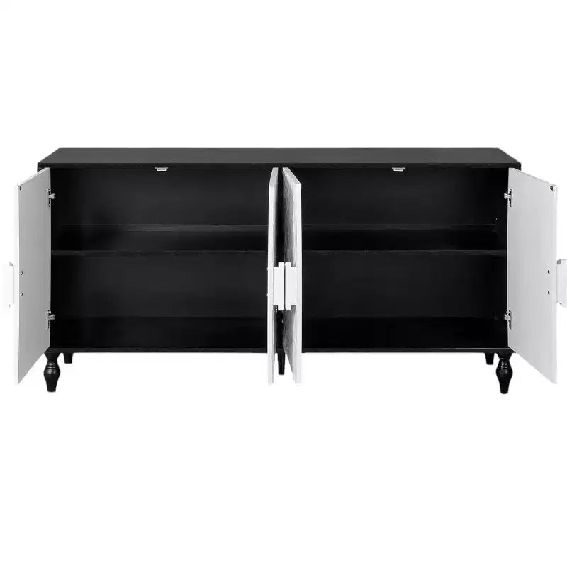 68-Zoll-Sideboard in Schwarz und Weiß mit Used-Look, geschnitztem Blumenmuster und vier Türen