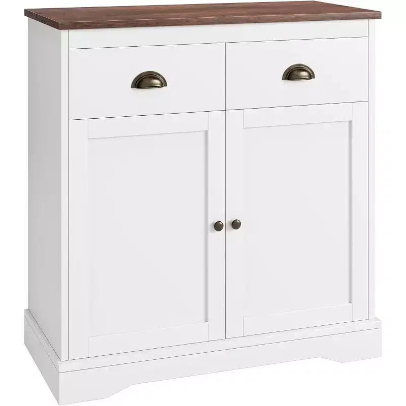 Mobile bar per caffè in stile moderno farmhouse, buffet bianco con 2 ante, 2 cassetti e ripiano regolabile per cucina, sala da pranzo o soggiorno