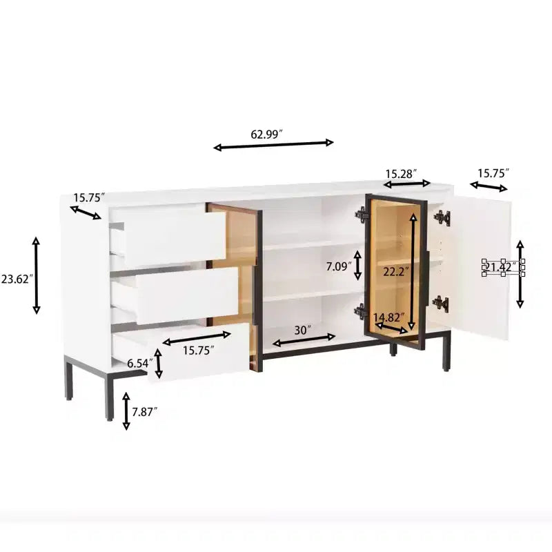 Credenza 63, mobile buffet in legno con anta in vetro e cassetti, tavolo consolle multimediale moderno, mobile dispensa da cucina per il soggiorno