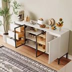 Credenza 63, mobile buffet in legno con anta in vetro e cassetti, tavolo consolle multimediale moderno, mobile dispensa da cucina per il soggiorno