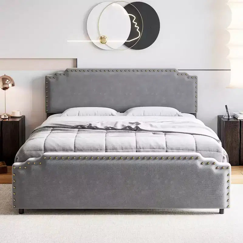 Bed Frame, Velvet Upholstered Platform Bed Frame with Rivet Decor Headboard, Strong Wood Slat Support, No Box Spring Needed, Grey
