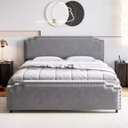 Bed Frame, Velvet Upholstered Platform Bed Frame with Rivet Decor Headboard, Strong Wood Slat Support, No Box Spring Needed, Grey