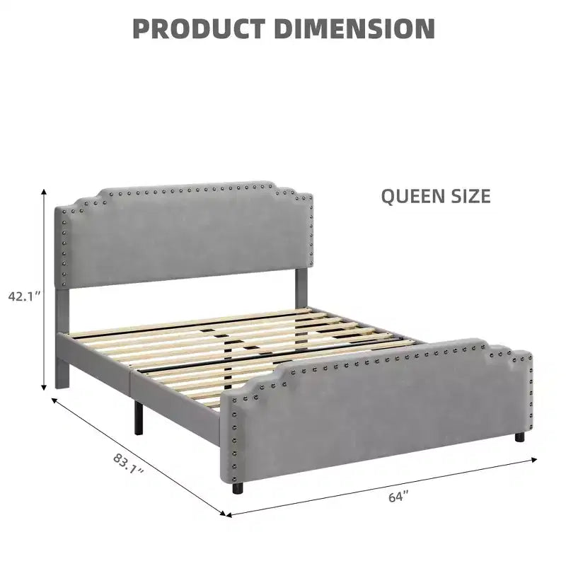 Bed Frame, Velvet Upholstered Platform Bed Frame with Rivet Decor Headboard, Strong Wood Slat Support, No Box Spring Needed, Grey