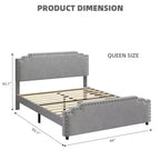 Bed Frame, Velvet Upholstered Platform Bed Frame with Rivet Decor Headboard, Strong Wood Slat Support, No Box Spring Needed, Grey