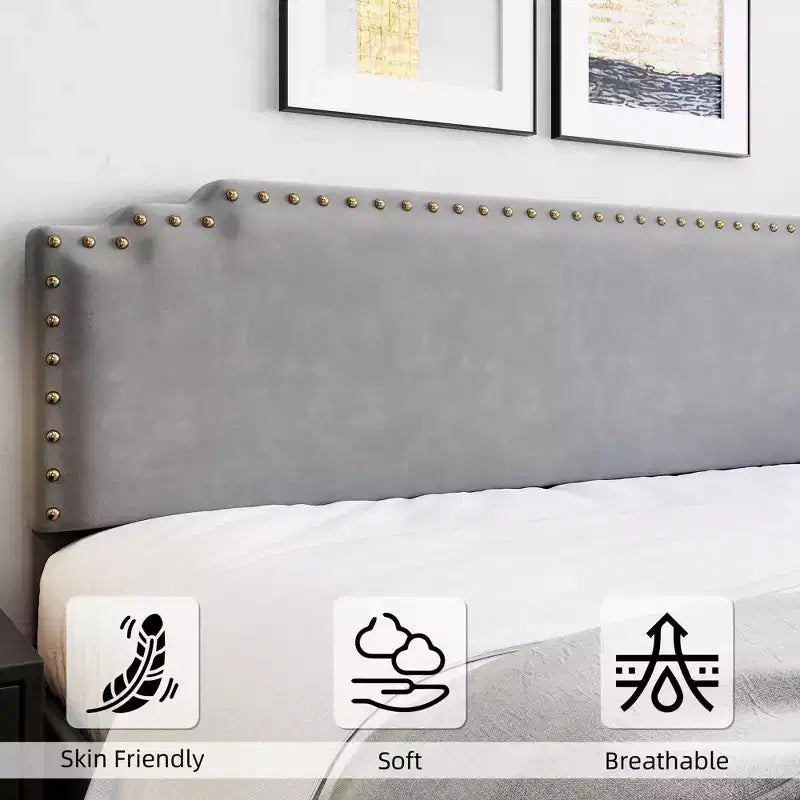 Bed Frame, Velvet Upholstered Platform Bed Frame with Rivet Decor Headboard, Strong Wood Slat Support, No Box Spring Needed, Grey