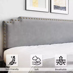 Bed Frame, Velvet Upholstered Platform Bed Frame with Rivet Decor Headboard, Strong Wood Slat Support, No Box Spring Needed, Grey