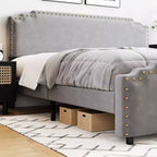 Bed Frame, Velvet Upholstered Platform Bed Frame with Rivet Decor Headboard, Strong Wood Slat Support, No Box Spring Needed, Grey
