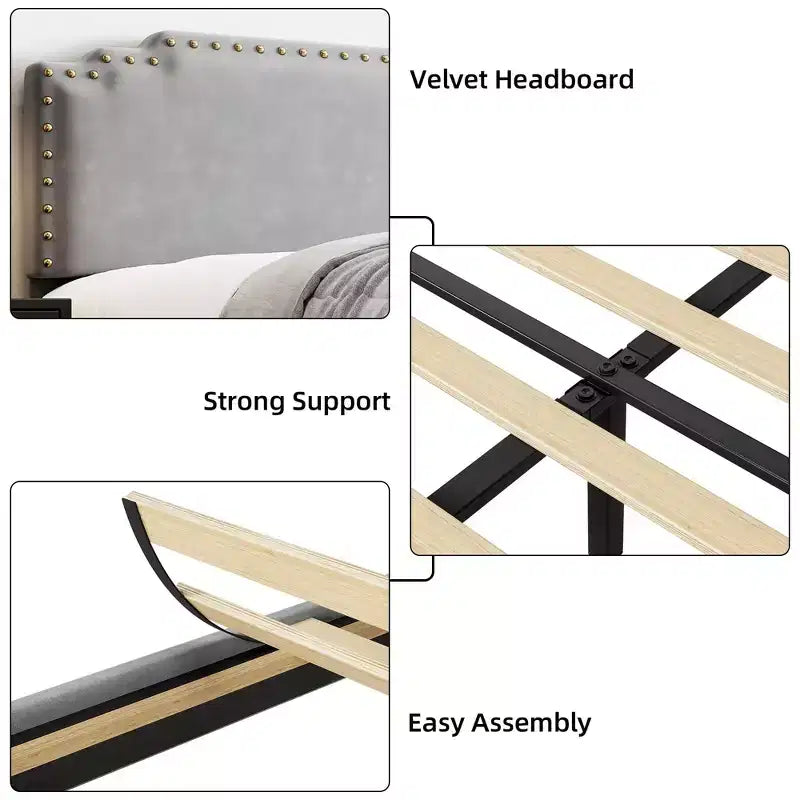 Bed Frame, Velvet Upholstered Platform Bed Frame with Rivet Decor Headboard, Strong Wood Slat Support, No Box Spring Needed, Grey